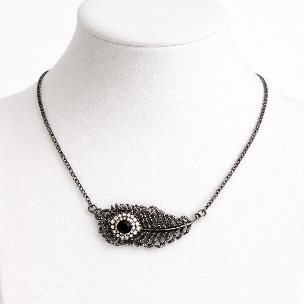 Y2K Gunmetal Statement Feather Necklace Chunky Gothic Vintage Inspired